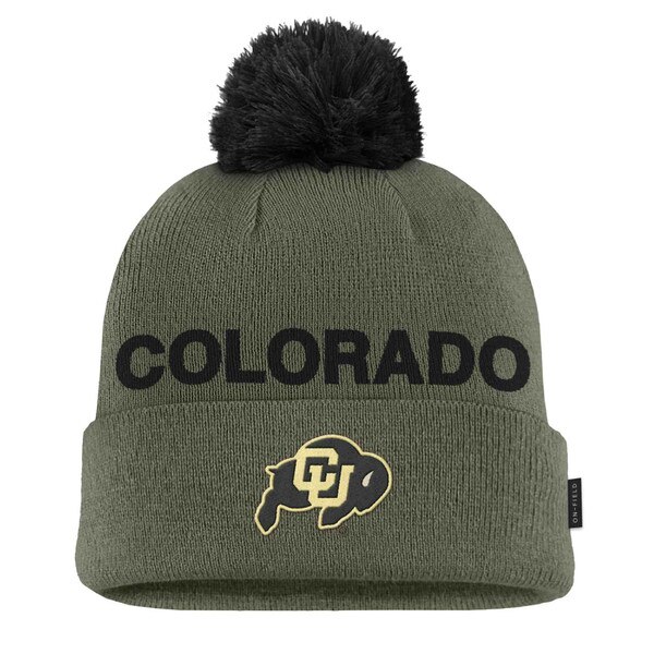 Olive green CU Boulder Nike beanie with black removable pom, embroidered “Colorado” text, and CU Buffalo logo on cuff.